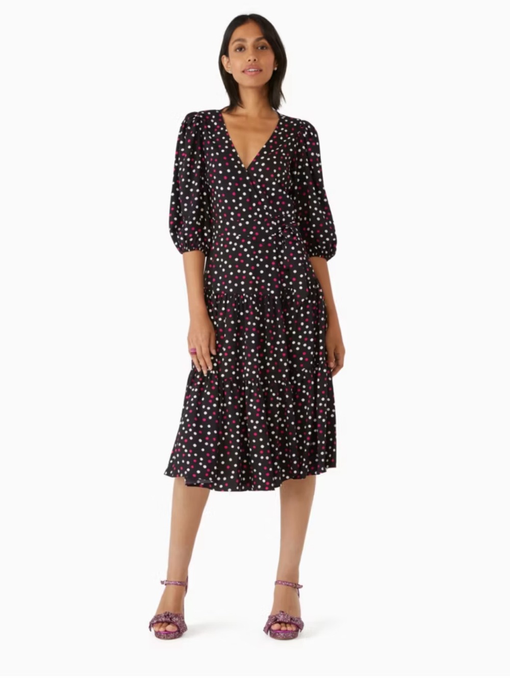 Kate Spade Black Glimmer Dot Wrap Midi Dress - Pink & White Dots size M